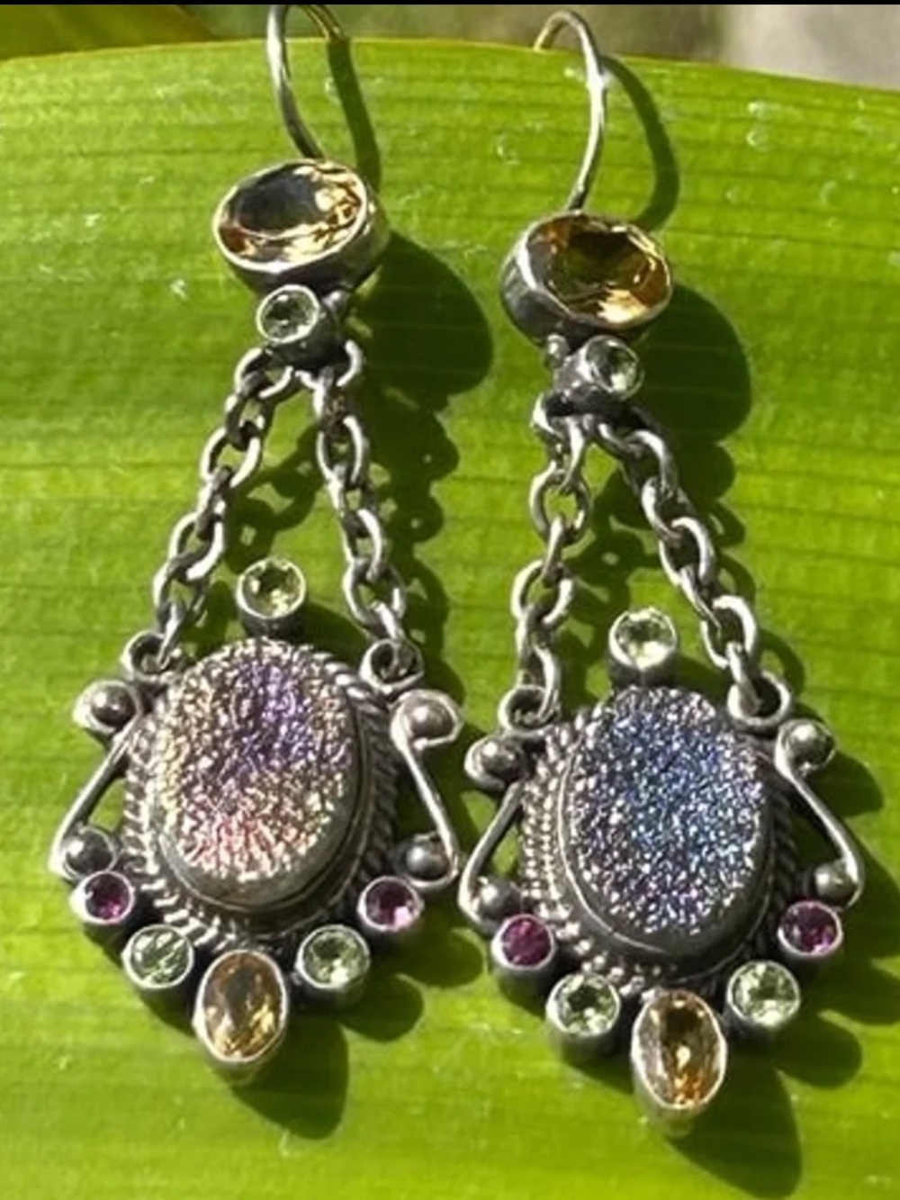 Nicky Butler Drusy Citrine, Moonstone, Peridot Rhodolite Sterling silver earring